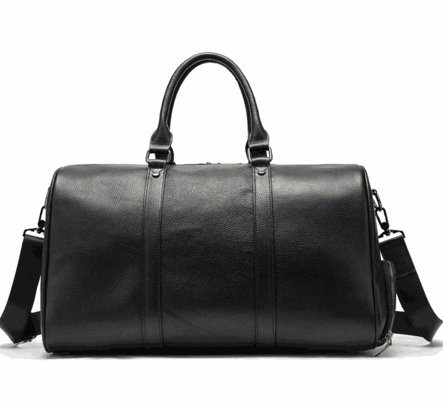 black leather leisure portable travel duffel bag with soft handle and shoulder strap