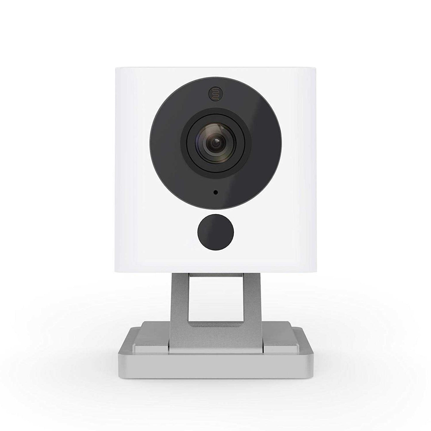 White wireless smart home camera with 2MP resolution and alarm function on silver stand