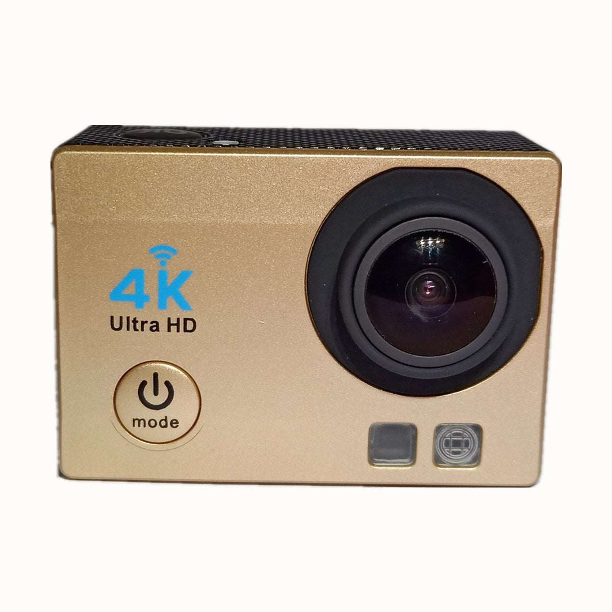 Compact gold 4K Ultra HD action camera with wireless WiFi and mode button