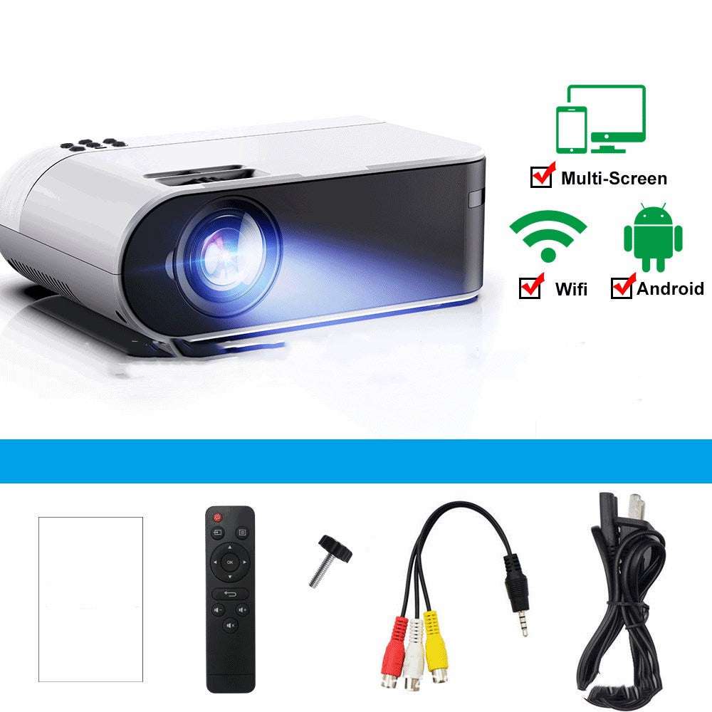Compact white mini portable projector with WiFi, Android, multi-screen support, remote control, AV cable, and power cord