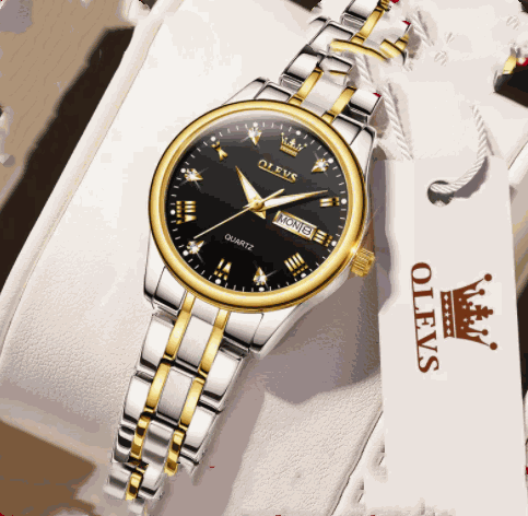 Simple Temperament Watches luxury quartz wristwatch with black and gold dial, fine steel band, and calendar display for women.