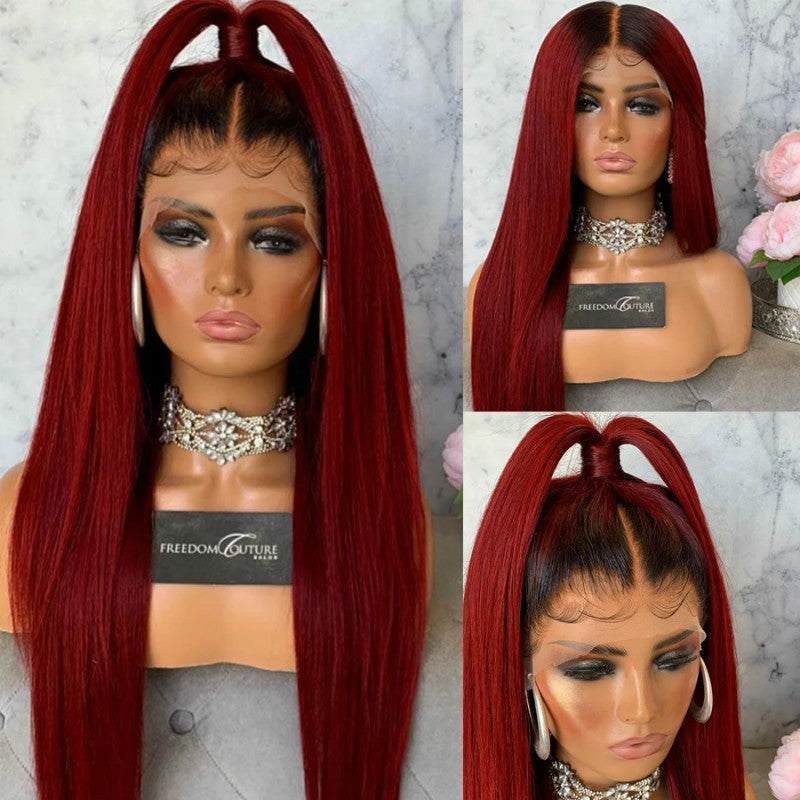 Burgundy Trellis synthetic long straight hair wig with lace front and middle parting displayed on mannequin heads