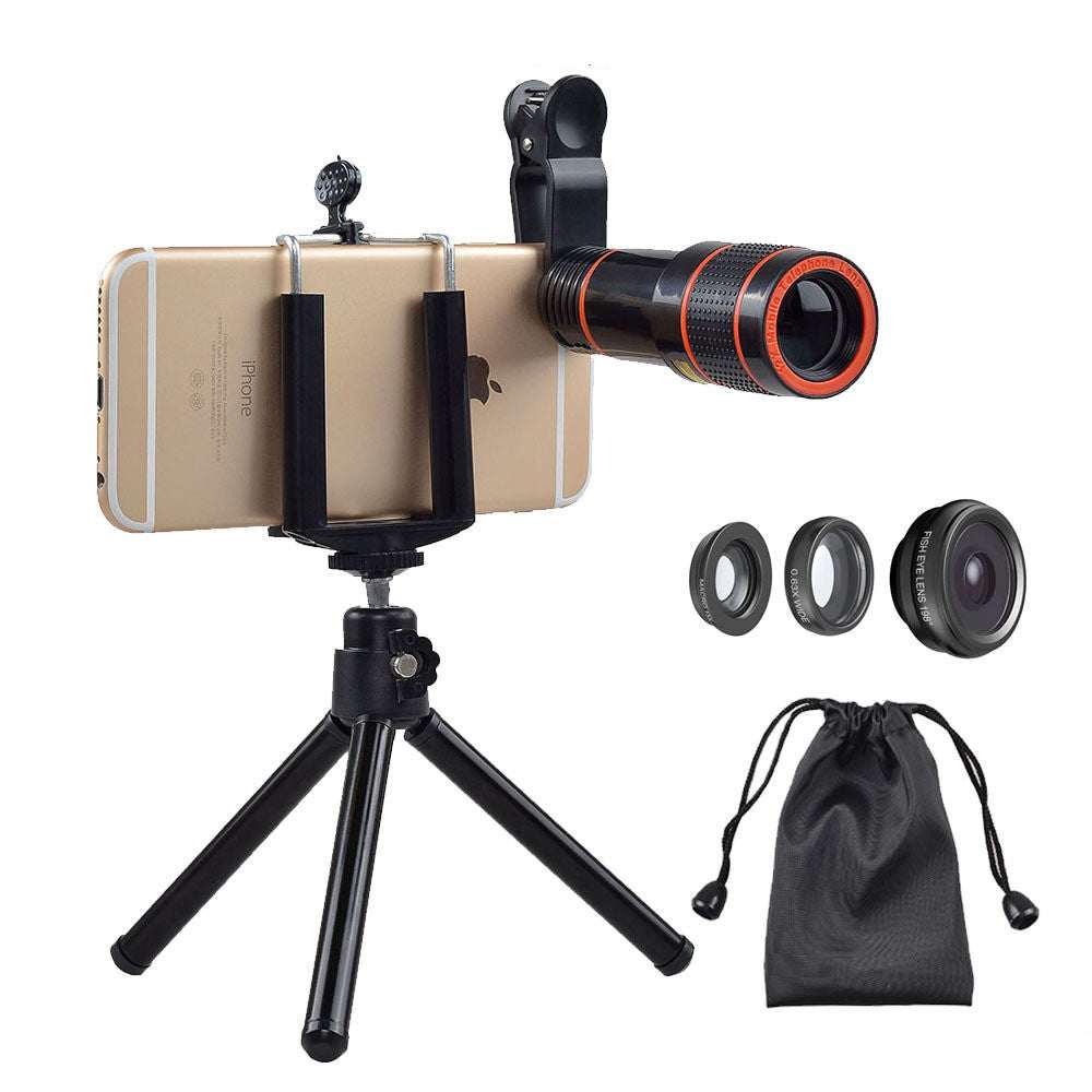 APEXEL mobile phone lens kit with telephoto, fisheye, wide-angle, and macro lenses, phone tripod, and carrying pouch