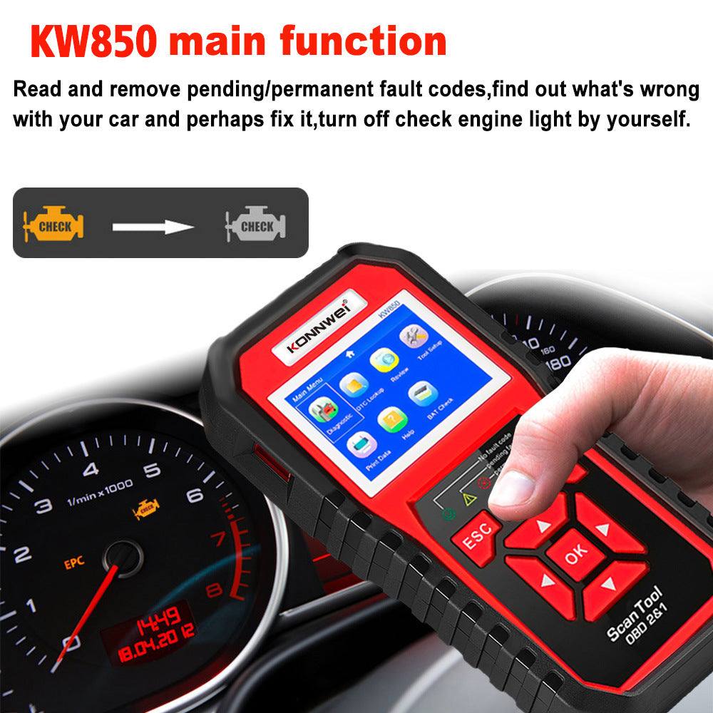 KW850 OBD2 CAN BUS Code Reader with color display and buttons diagnosing car engine faults and clearing check engine light