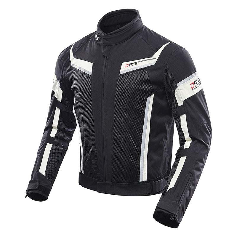 Black and white breathable summer motorcycle jacket for men and women with nylon material and stripe design