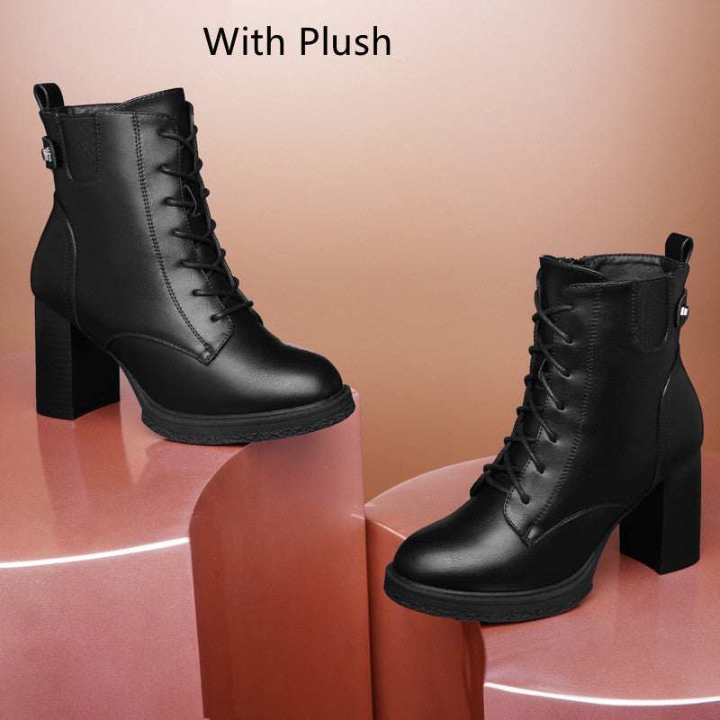 Black British style women's high heel single boots with lace-up front and plush lining for autumn and winter