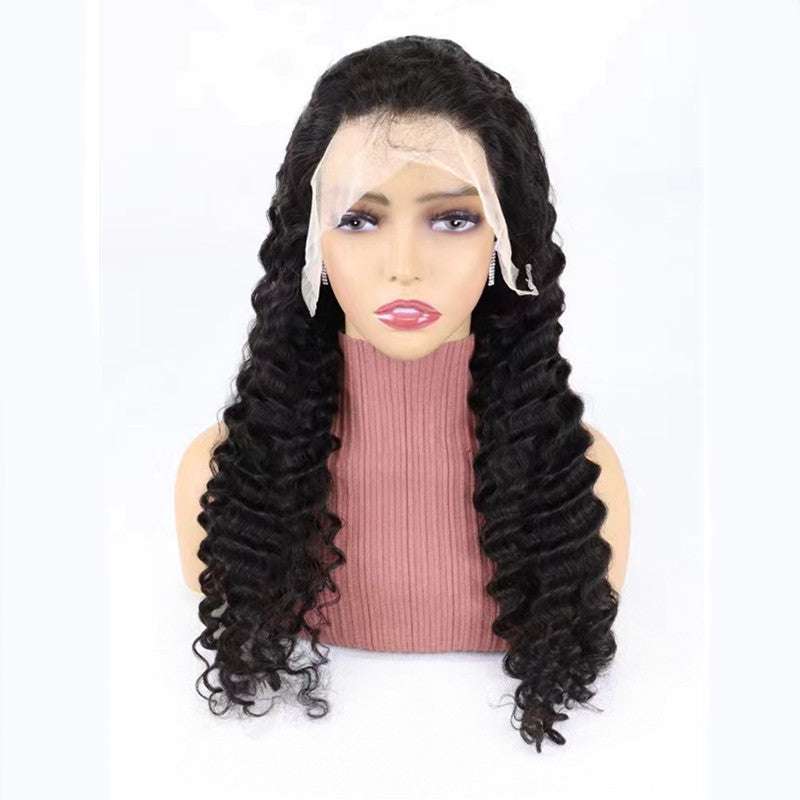 Deep wave lace front human hair wig 13x4 half lace with long curly black hair on mannequin head