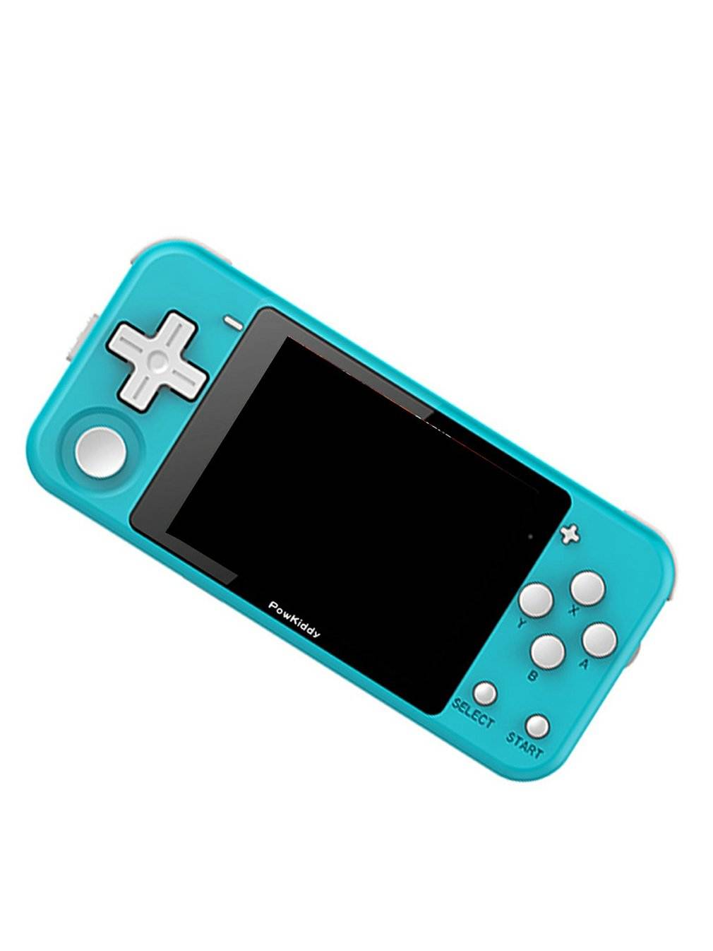 Blue retro joystick handheld game console with IPS screen and classic button layout