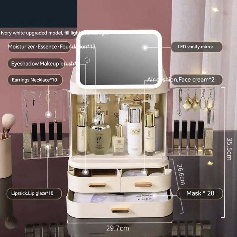 Ivory white large capacity cosmetics storage box with LED mirror and integrated light for skincare and makeup organization