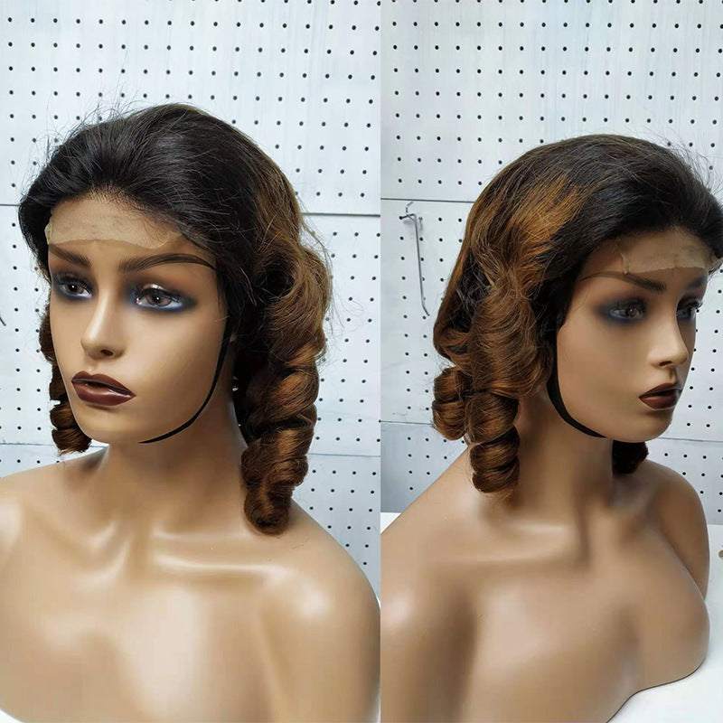 Double drawn Funmi hair lace wig with spring curly brown curls on mannequin head