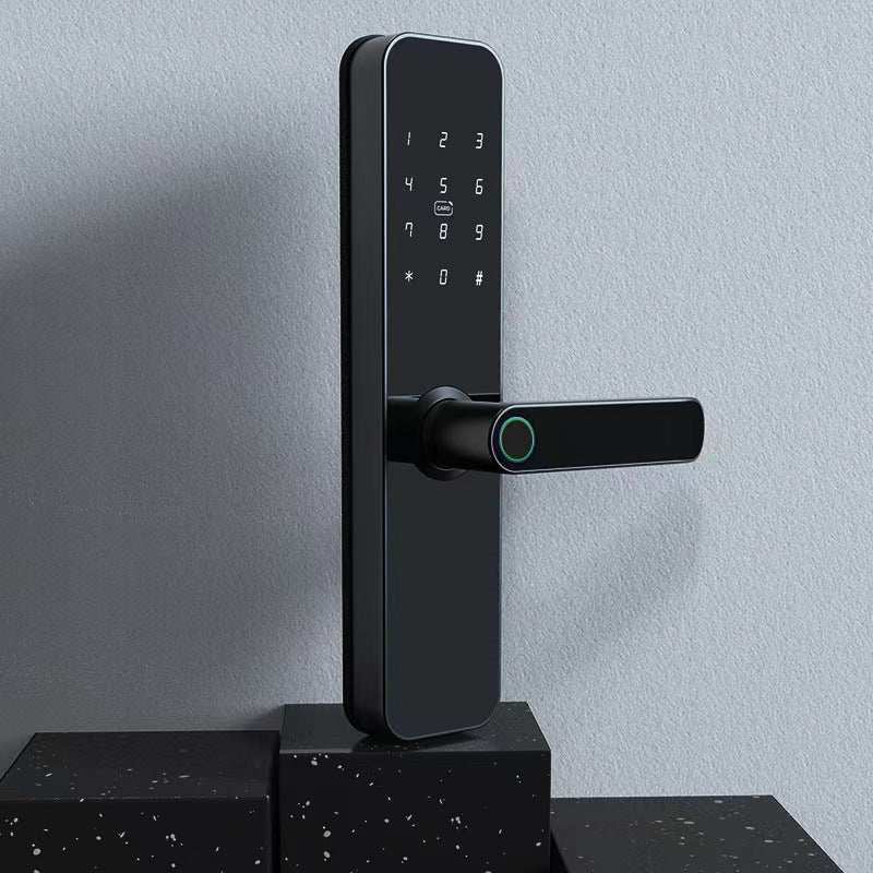 Black wooden door fingerprint lock with digital keypad and sleek handle design
