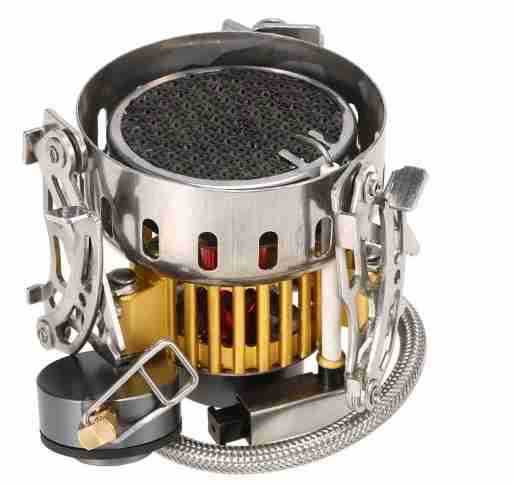 Compact stainless steel Stove Head camping stove with infrared burner and windproof design for outdoor cooking.