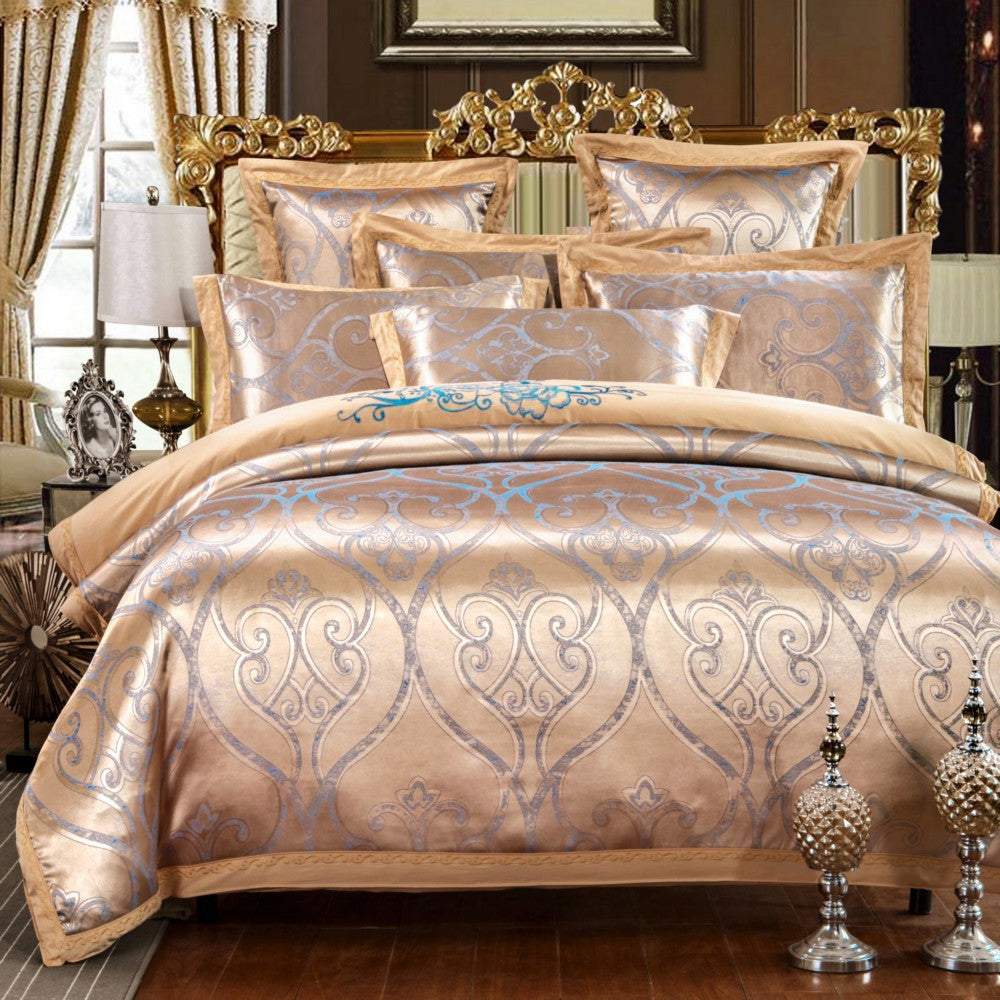 European style jacquard cotton embroidery quilt cover set in gold with intricate pattern