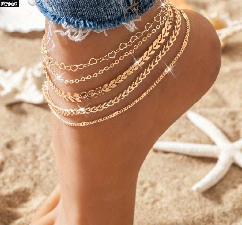 5Pcs Bohemian Airplane Chain Ankle Chain Fashion Design Heart - shaped Chain Anklets Women's Summer Beach On Foot Chain Jewelry - AMIR BAGS INDIA PRIVATE LIMITED