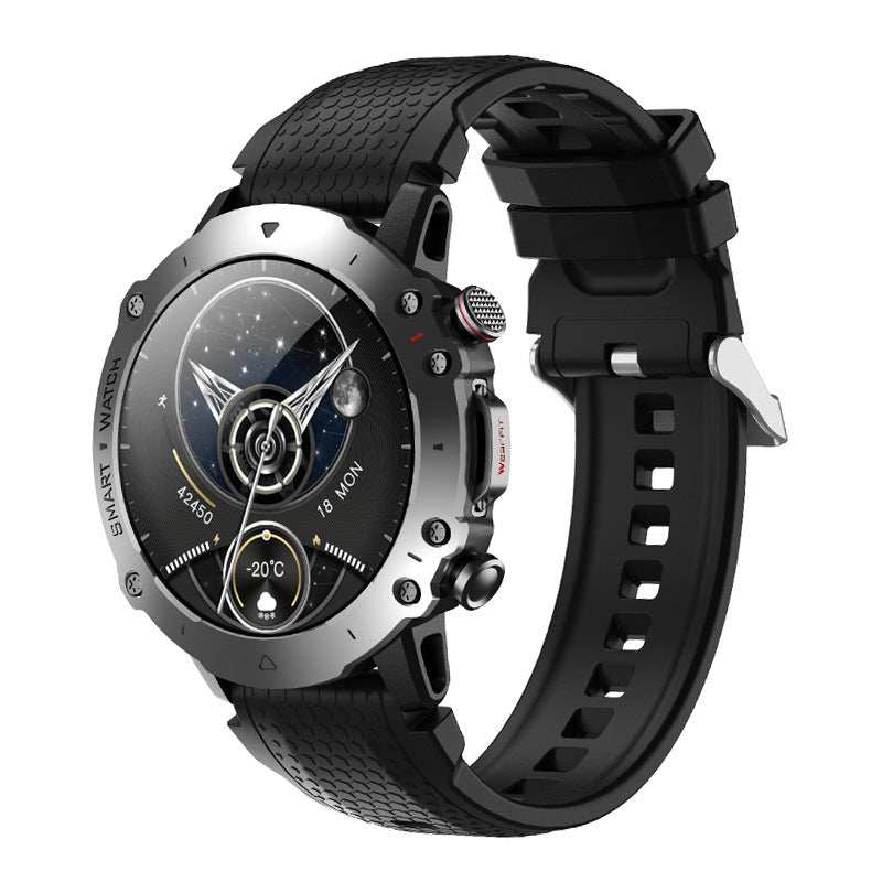 Smart Bluetooth calling smartwatch with heart rate and blood sugar monitoring, round touch screen, black silicone strap