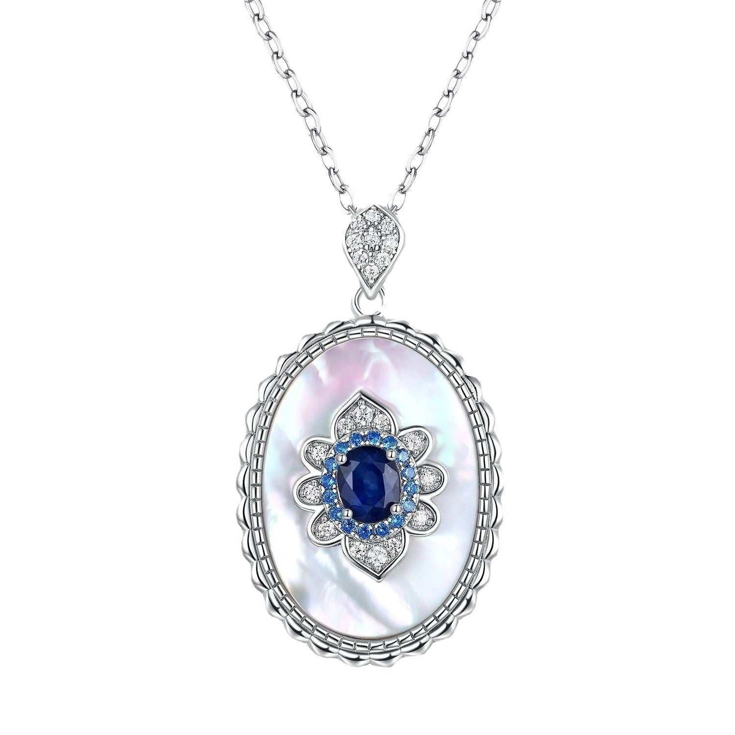 925 sterling silver sapphire diamond pendant necklace for women with geometric design and mother-of-pearl background