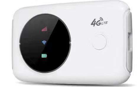 Compact white 4G LTE wireless router with LED signal, WiFi, and battery indicators