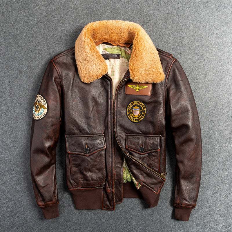 Men's genuine leather dark brown motorcycle jacket with detachable shearling collar and military-style patches