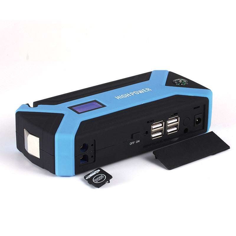 Multi-function car emergency start power supply with 4 USB ports, flashlight, and emergency cutting knife in blue and black design