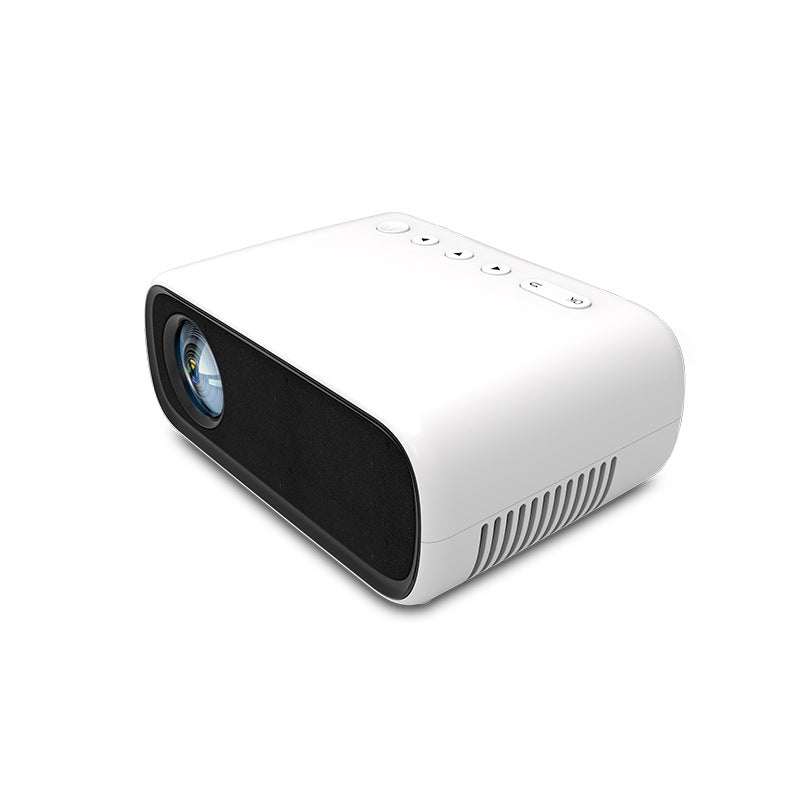 Smart mini portable LED projector with front lens and control buttons in white compact design