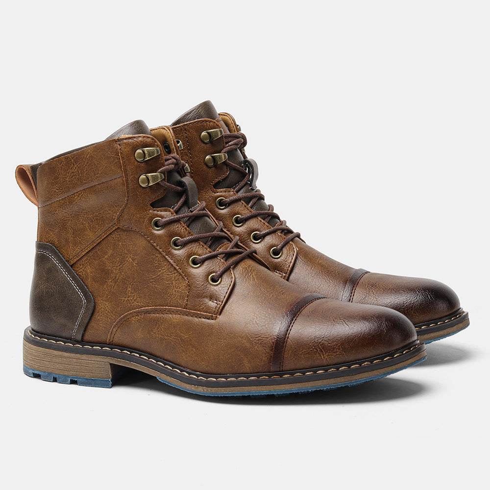 Fashion men's high-top light brown artificial PU leather boots with flat heel
