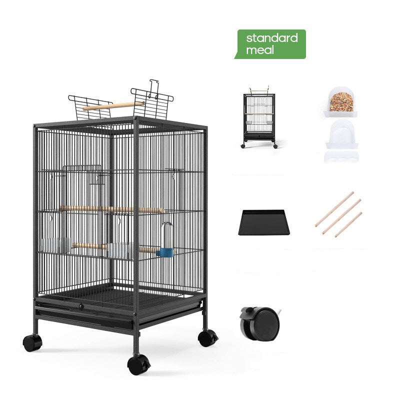 Black Parrot Xuanfeng bird cage with feeder, toy, grass nest, breeding box, and wheels for easy mobility.
