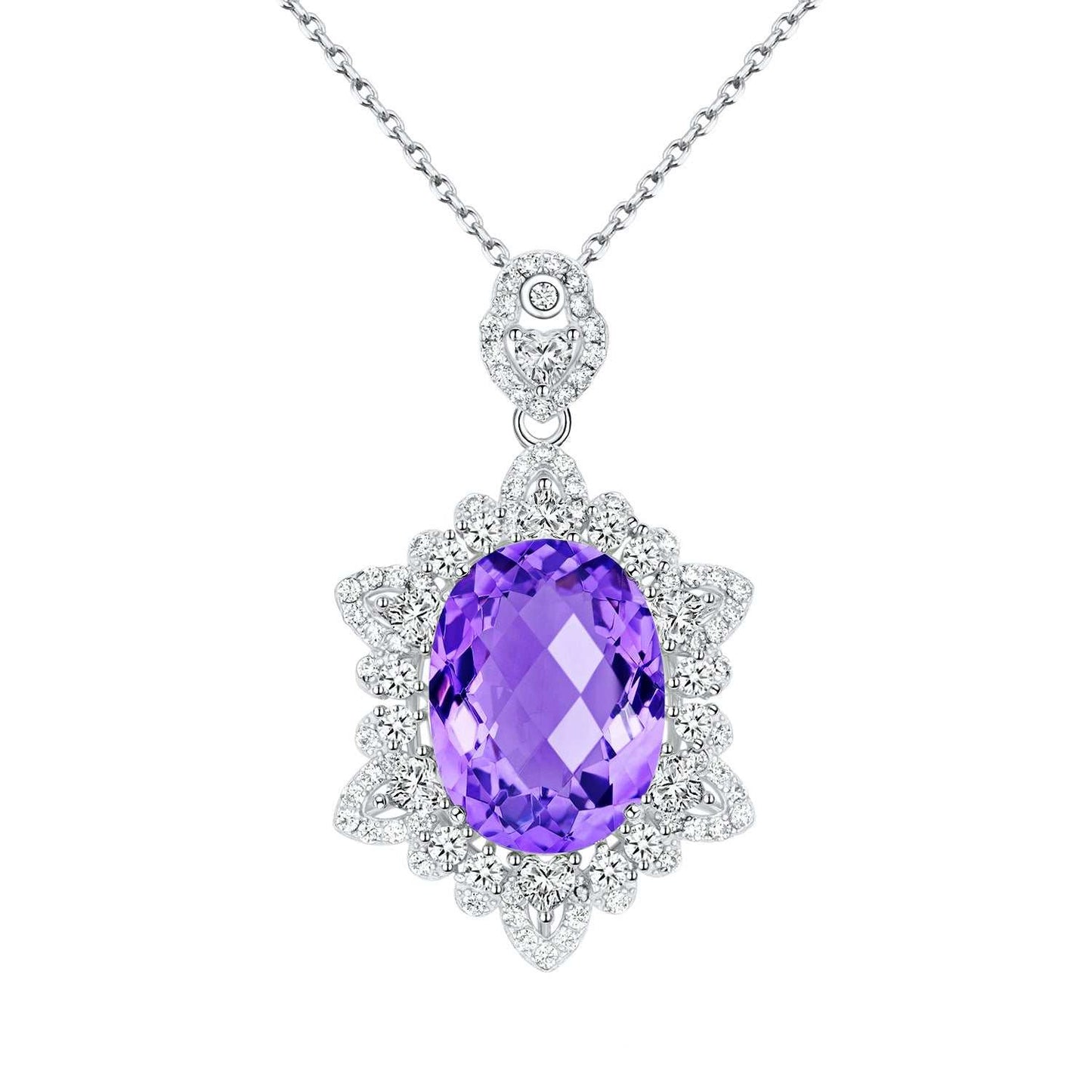 Natural amethyst pendant necklace in 925 silver with geometric design and oval purple gemstone