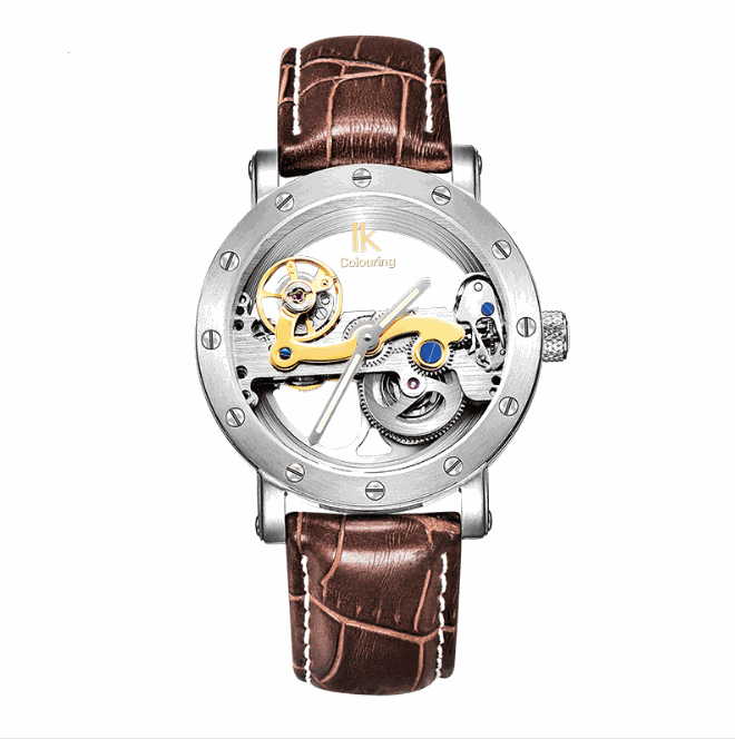 Automatic mechanical watch with stainless steel case, brown leather strap, and visible movement mechanism on dial