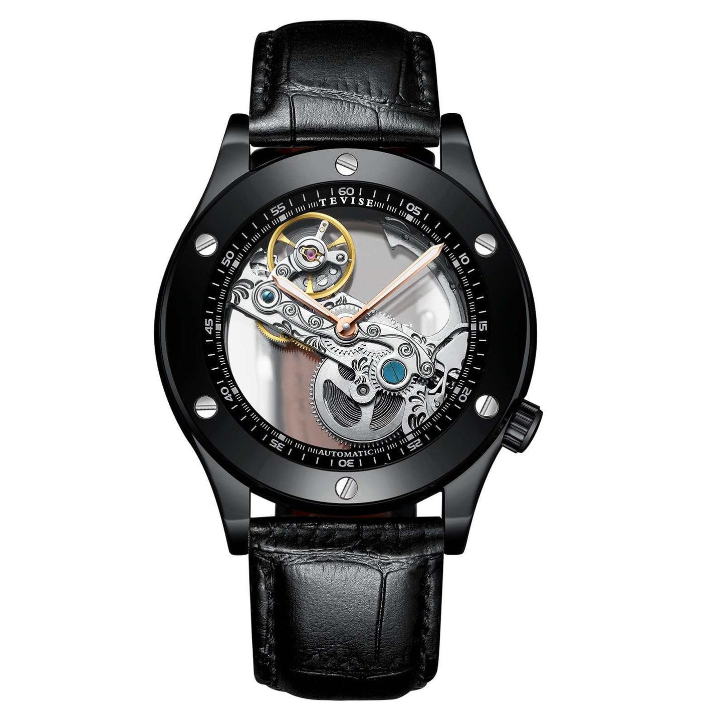 Men's waterproof luminous mechanical wristwatch with black leather band and round mineral glass dial