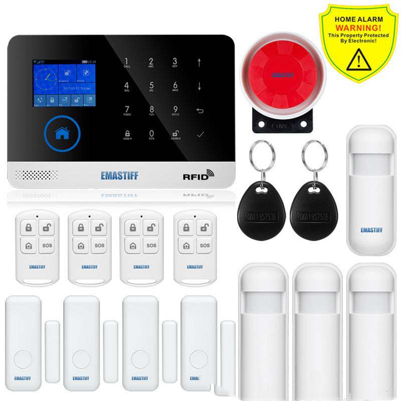 Wireless GSM store door and window anti-theft alarm system with remote controls, sensors, RFID panel, and siren.