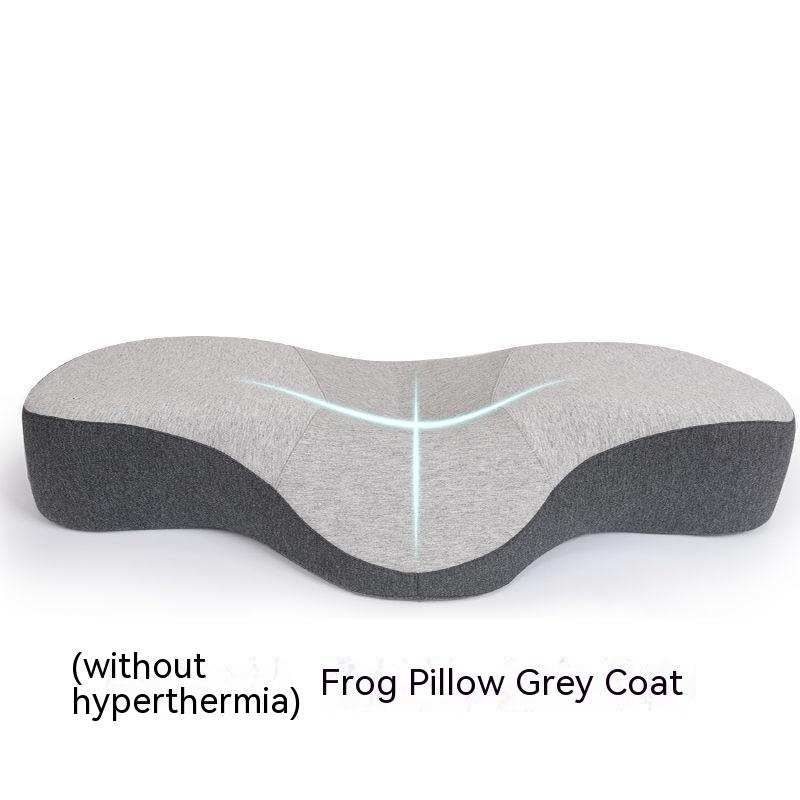 Space Memory Cotton filling low thin pillow with ergonomic gray and black frog-shaped cover for neck support and posture improvement