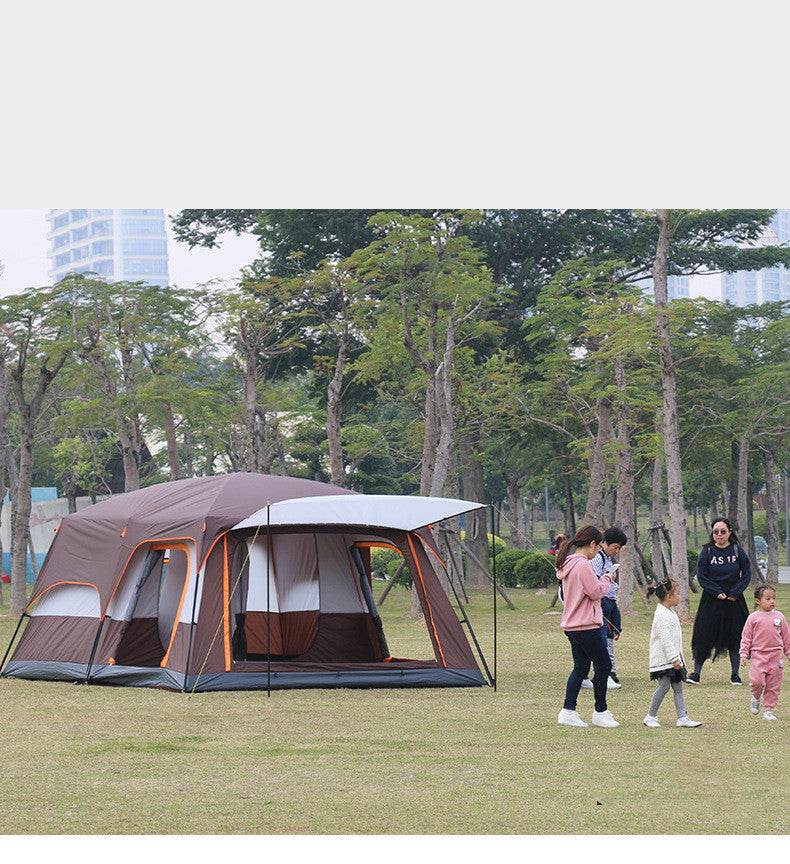 Multi-person thickening double-layer rain-proof camping tent in park with family nearby