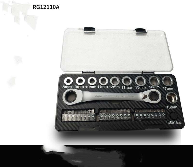 Compact ratchet wrench set with multiple socket sizes and bits in a black storage case