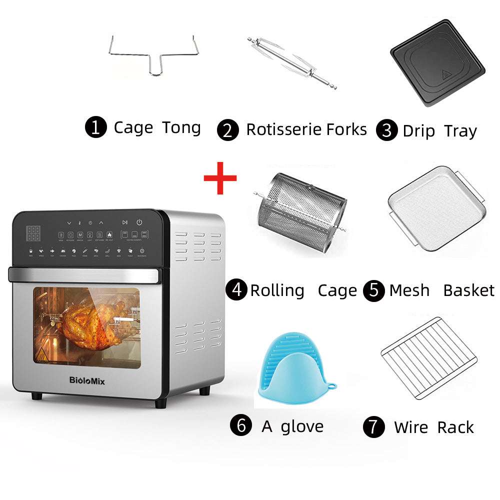 Stainless steel double heating air oven with 15L capacity, electronic touch panel, rotisserie forks, rolling cage, mesh basket, drip tray, wire rack, and silicone glove.