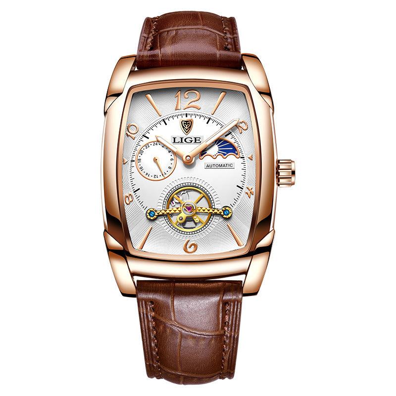 Men's mechanical watch with square rose gold case, brown leather strap, multifunctional calendar, and transparent back