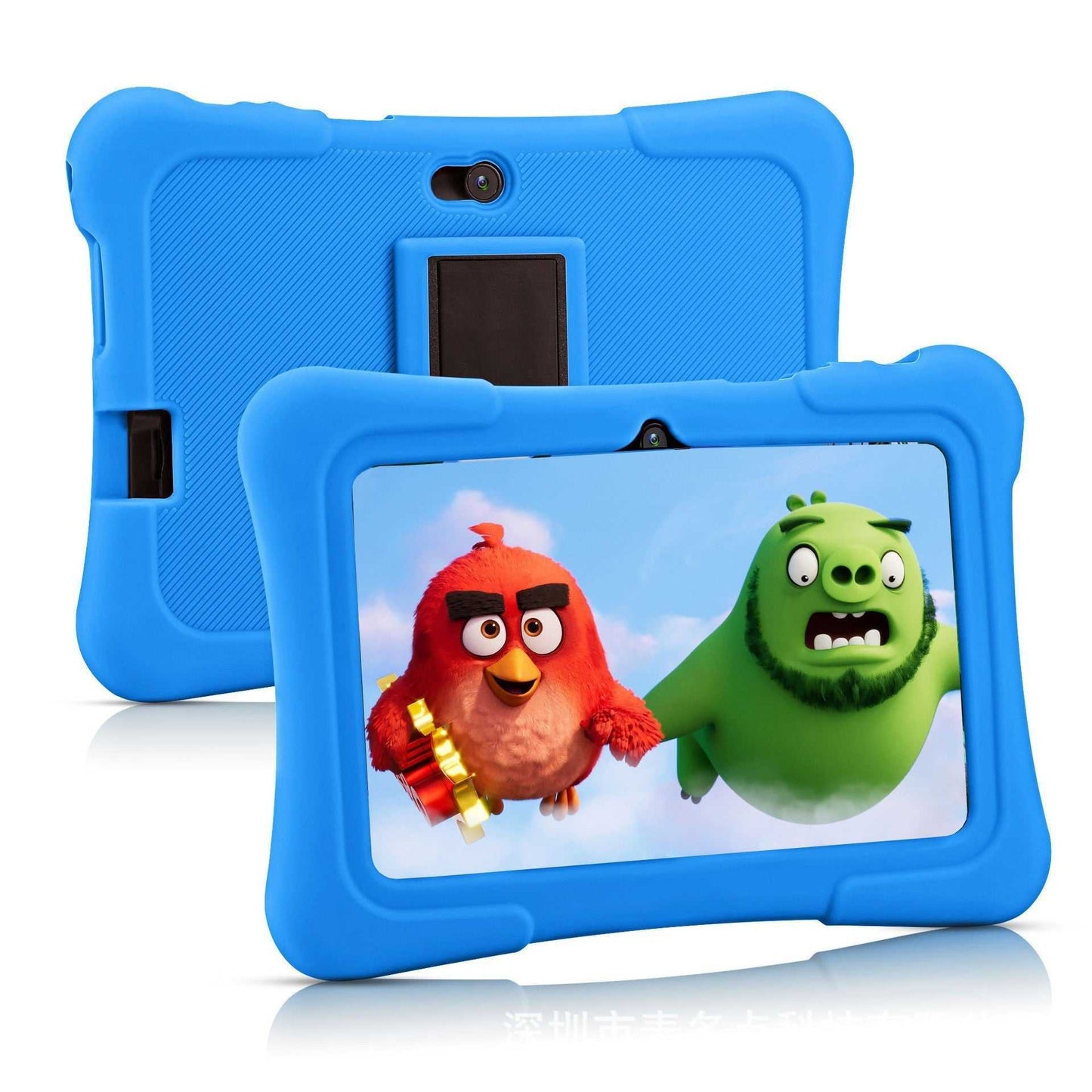 7-inch children's tablet with blue silicone protective case showing animated characters on the screen and rear camera visible