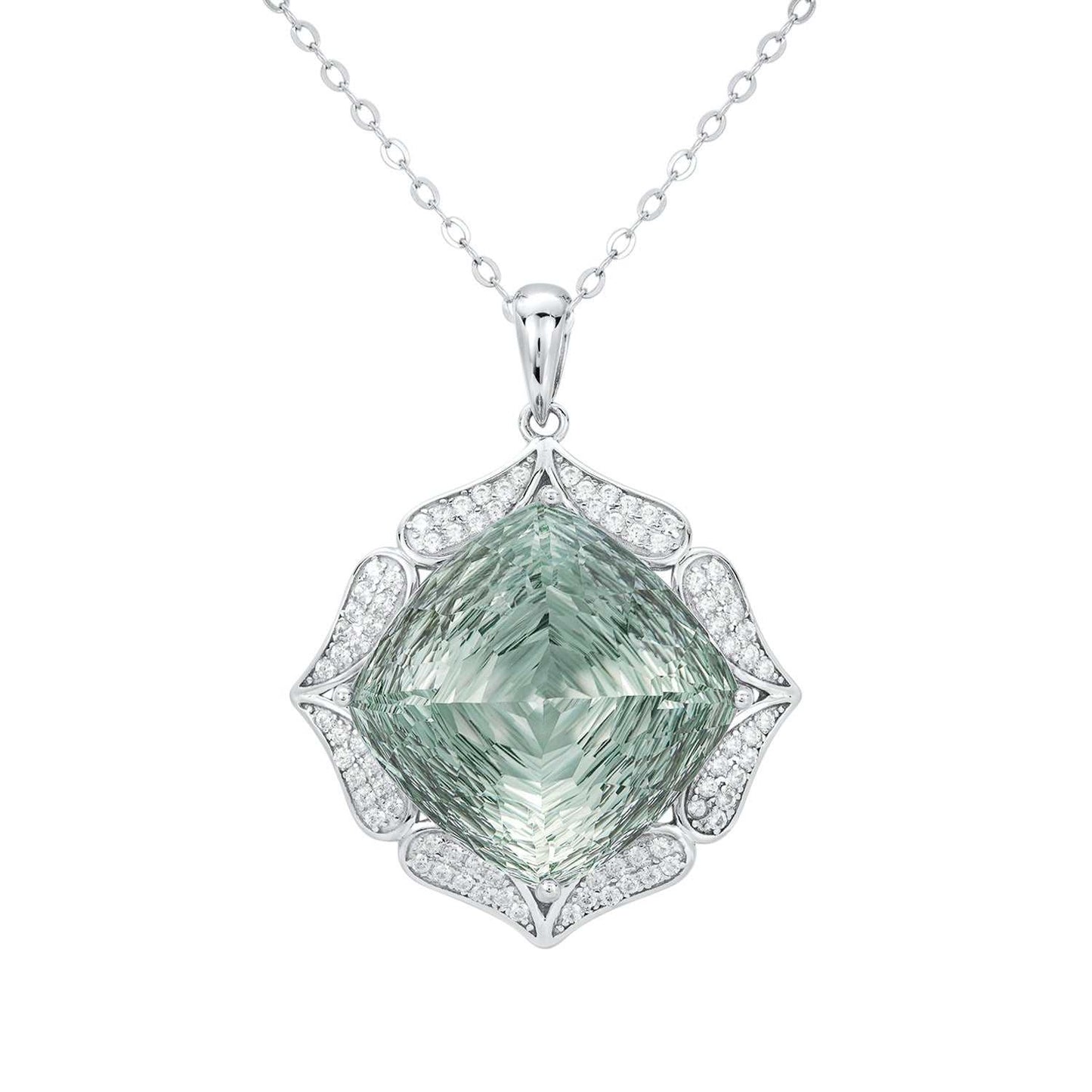 Luxury sweater chain with large natural green crystal pendant in S925 silver, geometric design, high-grade jewelry