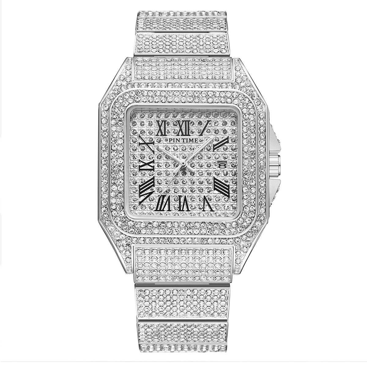 PINTIME men's quartz watch with square diamond-studded silver design and Roman numeral dial