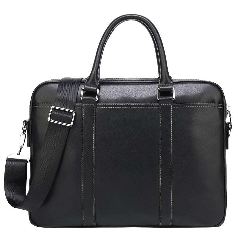 Black men's leather portable briefcase with soft handle, zipper closure, and detachable shoulder strap, designed for 14-inch files and documents.