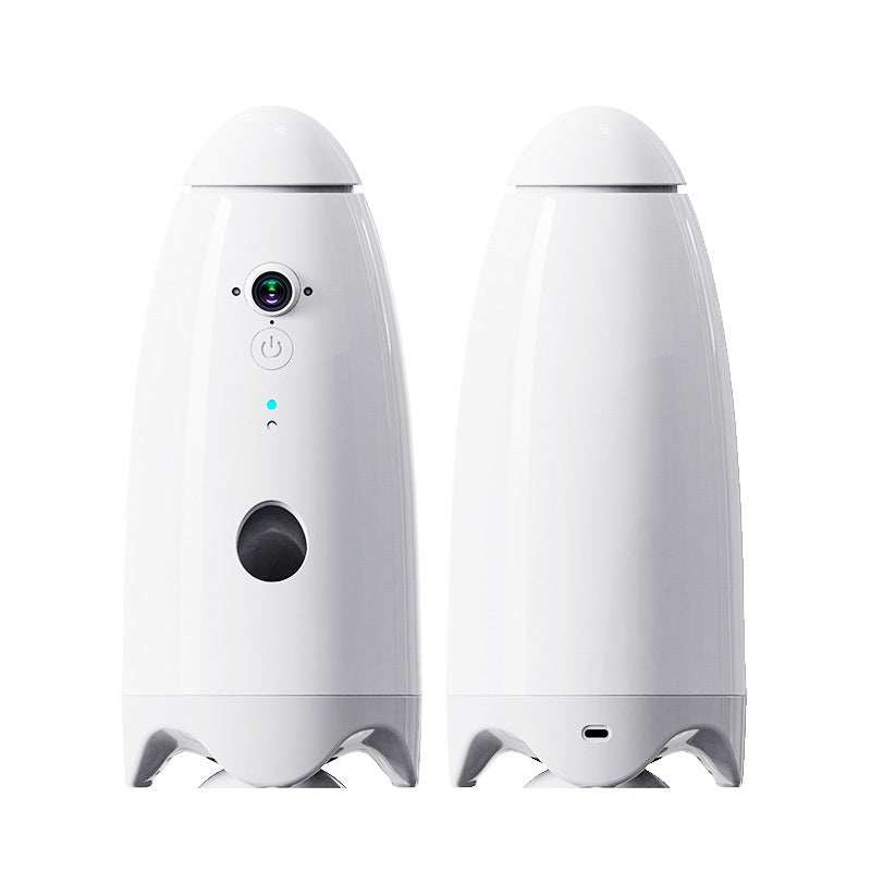 White pet smart feeding device for cats and dogs with USB charging and 1080p camera