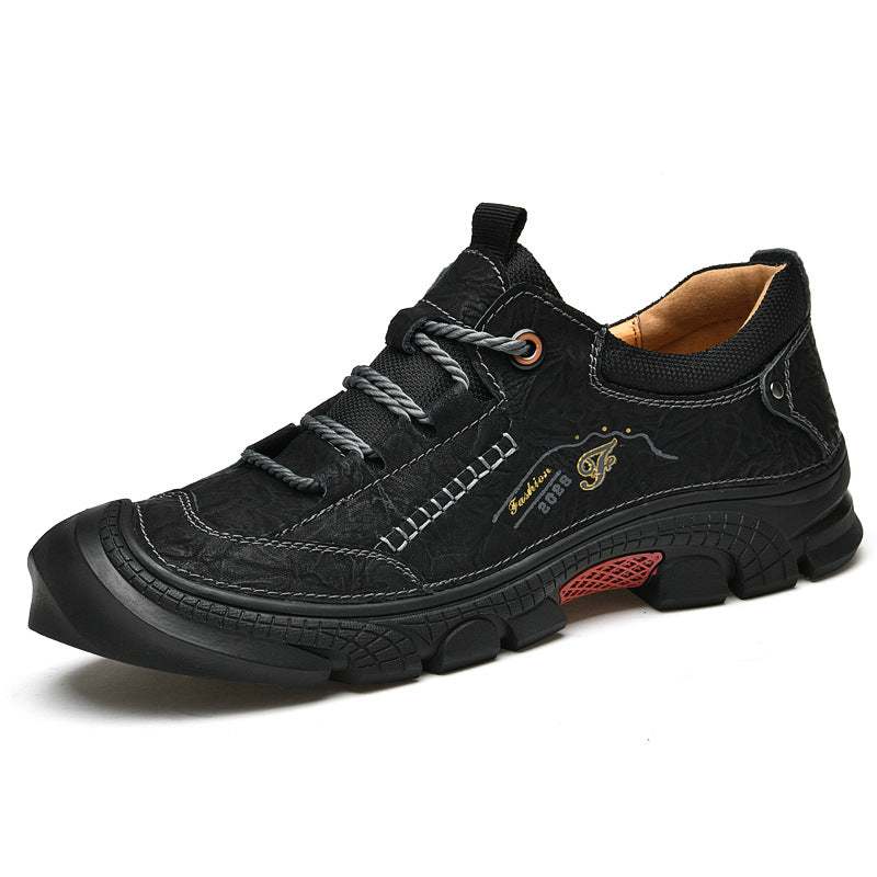 Non-slip wear-resistant black leather hiking shoe with low heel and rubber sole for outdoor cross-country activities