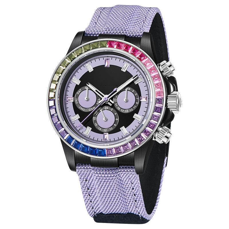 Men's fully automatic mechanical precision steel watch with multicolor bezel and lavender fabric strap