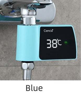Blue plastic visual shower faucet water thermometer with digital temperature display
