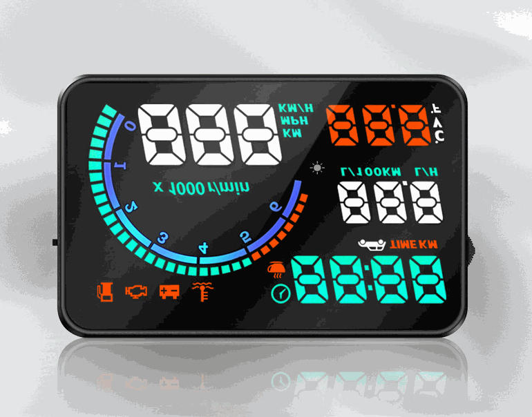 Colorful 5.5-inch LED head up display for cars showing speed, RPM, fuel consumption, and various alerts on a black screen