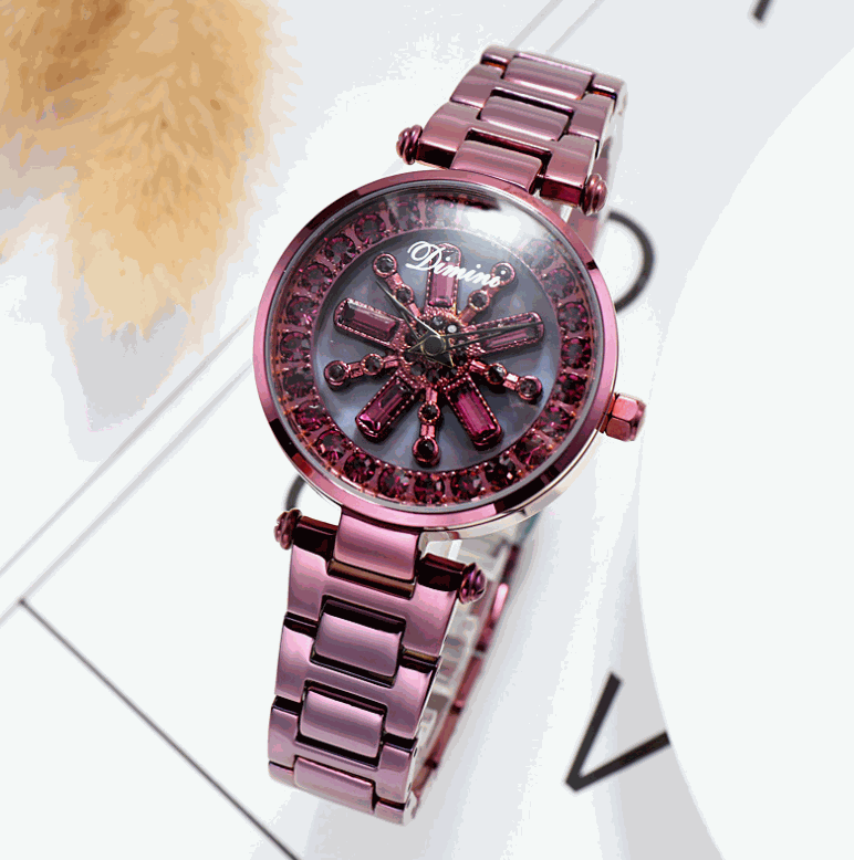 Purple rhinestone steel band fashion women's quartz watch with round dial