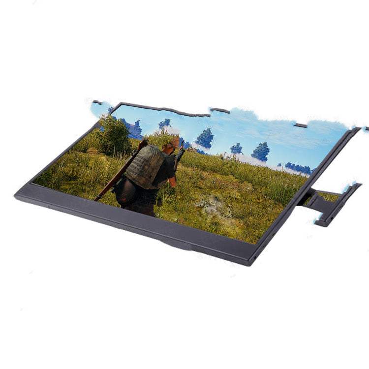 Portable display mobile computer game touch screen showing a game scene with player in outdoor grassy field