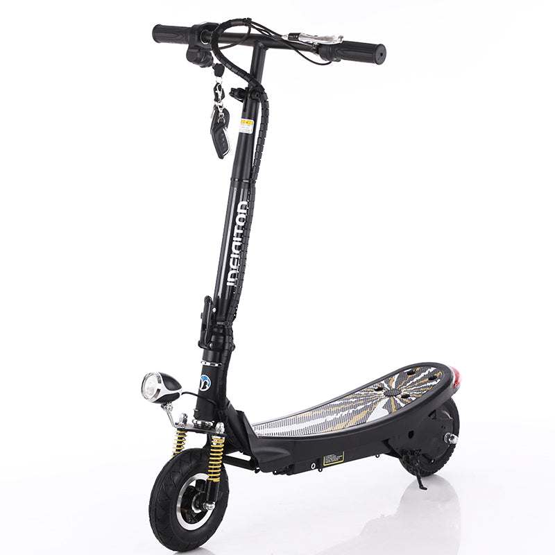 Black foldable lithium electric scooter with 24V battery and front suspension system