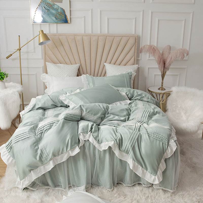 Korean princess style lace bed skirt with quilt cover and pillowcases in soft pastel green cotton four-piece bedding set