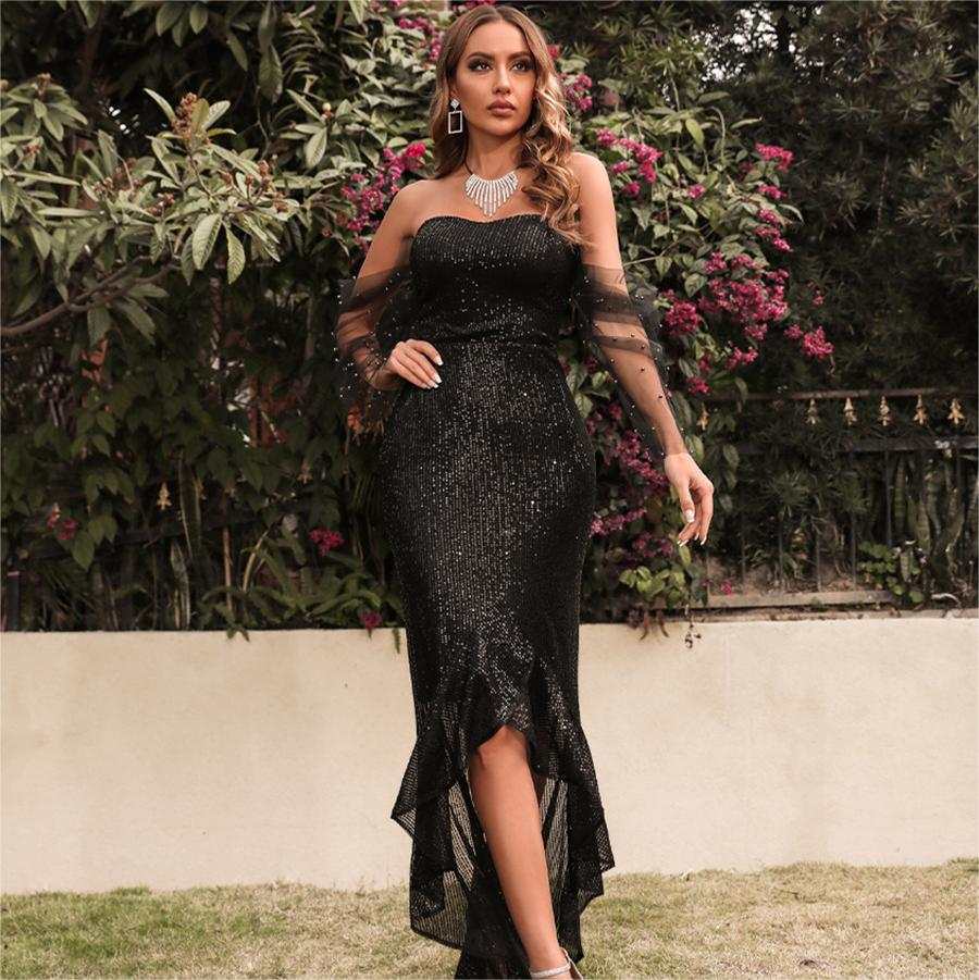 Black mesh panel bra sexy drag dress with sheer long sleeves and sequined fabric