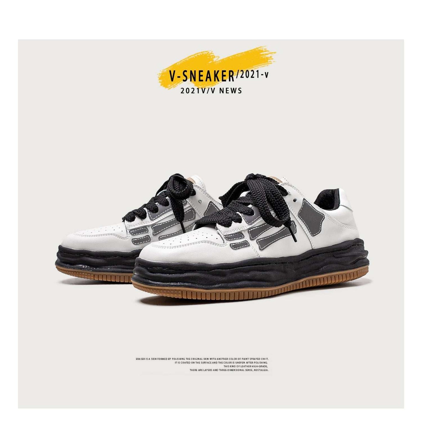 White and black reflective bone retro platform sneakers for men with low top design and rubber sole